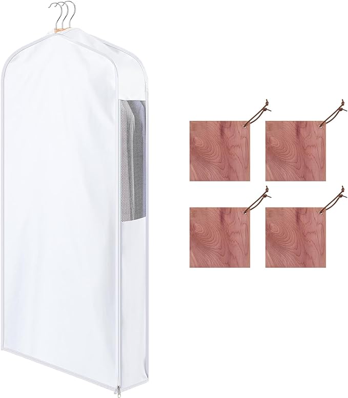 40" Short Cotton Garment Bag for Hanging and Storage Clothes with 4 Cedar Blocks for Fresh Smell, Breathable Hanging Bags for Closet Storage Fur Coat Suit Sweater Jackets, 6'' Wide, White