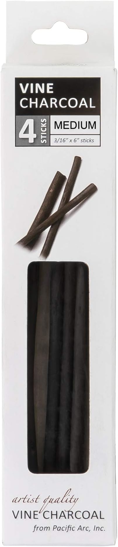 Pacific Arc Artist Vine Charcoal, Medium, Black 4 Charcoal Sticks for Drawing, Sketching, and Fine Art