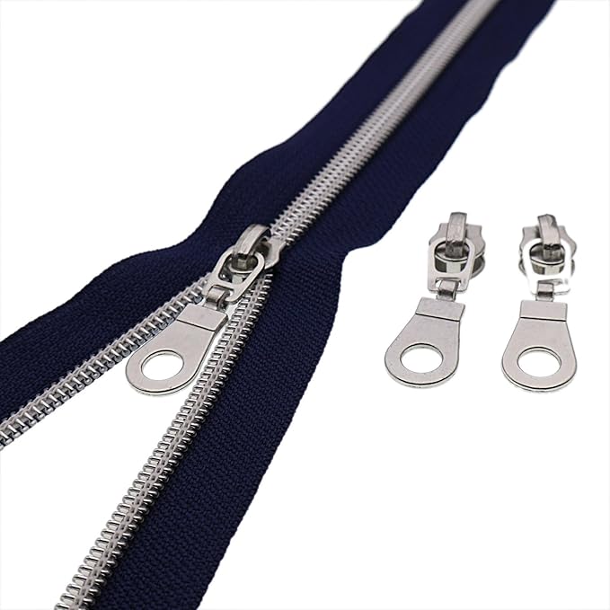 #5 Silver Metallic Nylon Coil Zippers by Yard Bulk Coil Zipper Roll 10 Yards with 25pcs Silver Pull for DIY Sewing Craft Bag(Navy Blue) YIGUANXIN