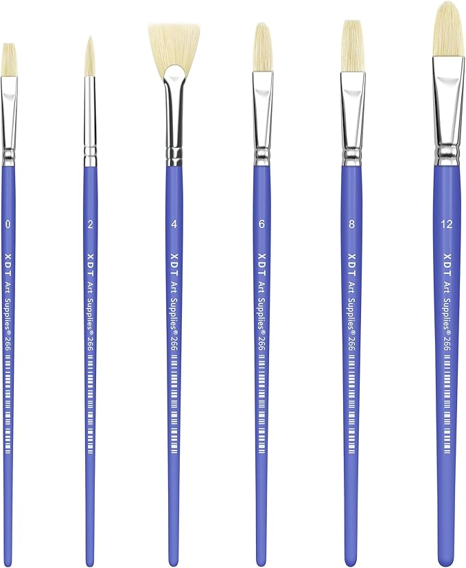 XDT#266 Paint Brush Set–6Pcs, Hog Bristle Brushes for Oil Acrylic Watercolor Painting, Kids Adult Drawing Arts Crafts Supplies, Blue