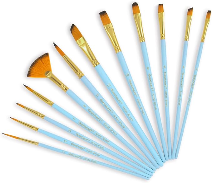 Genixart Paint Brush Set for Acrylic Oil Watercolor, Synthetic Nylon Hairs Artist Paintbrushes for Nail Face Body Professional Art Painting, 12 Pack Paint Brushes for Students Adults (SkyBlue)