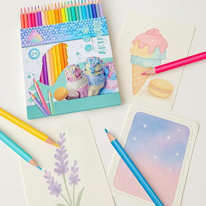 24 Colored Pencils Set – Soft Core, Pre-Sharpened, Break-Resistant – Ideal for Coloring Books, Drawing, Sketching, School Art Supplies (Pastel Colors)