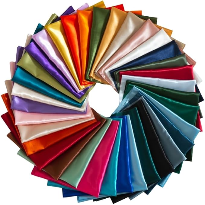 Q&J Fabric Co 35Pcs Satin Fabric Fat Quarter Patchwork Shiny Silky Cloth 18''L x 20''W for Festive Gift DIY Doll Bags Wallet Sewing Crafts Bundle Lining Polyester Quilting Costume Apparel Decorations