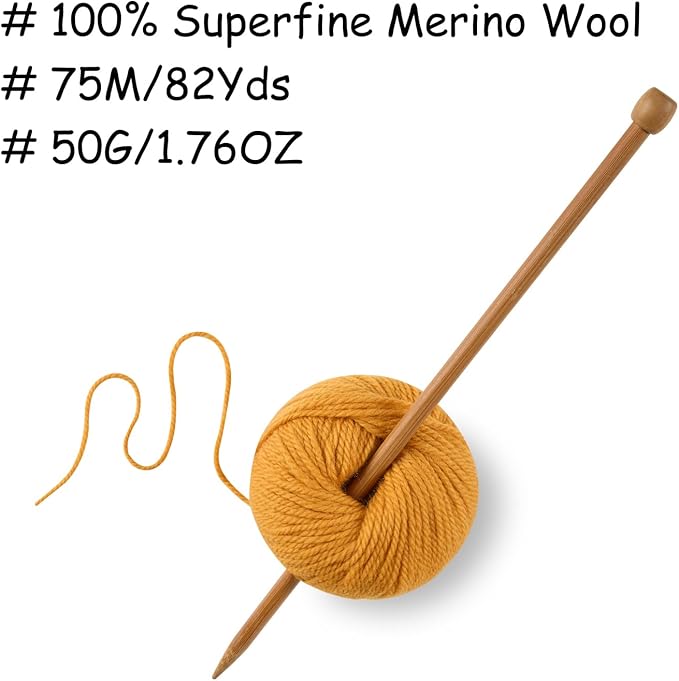 100% Merino Wool Yarn 3-Ply Luxurious and Soft Yarn for Hand Knitting & Crocheting (Autumn Yellow,1Ball)