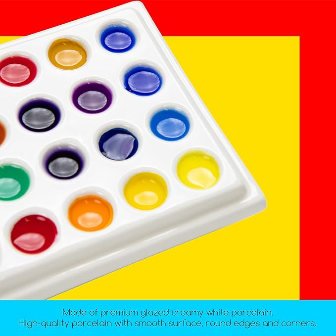 MEEDEN 24-Well Ceramic Watercolor Paint Palette with Cover, Porcelain Mixing Artist Palette 6 by 4-1/2 inch for Artist Watercolor Gouache Painting Coloring
