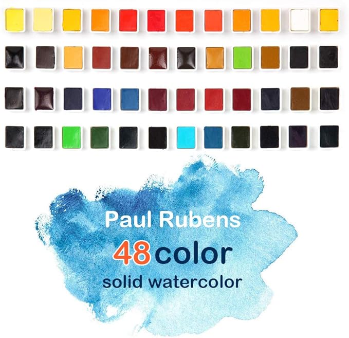 Paul Rubens Artist Grade Watercolor Paint, 48 Colors Solid Cakes with Palette and 100% Cotton Hot Press Watercolor Block for Artists, Beginners, Hobbyists, Students