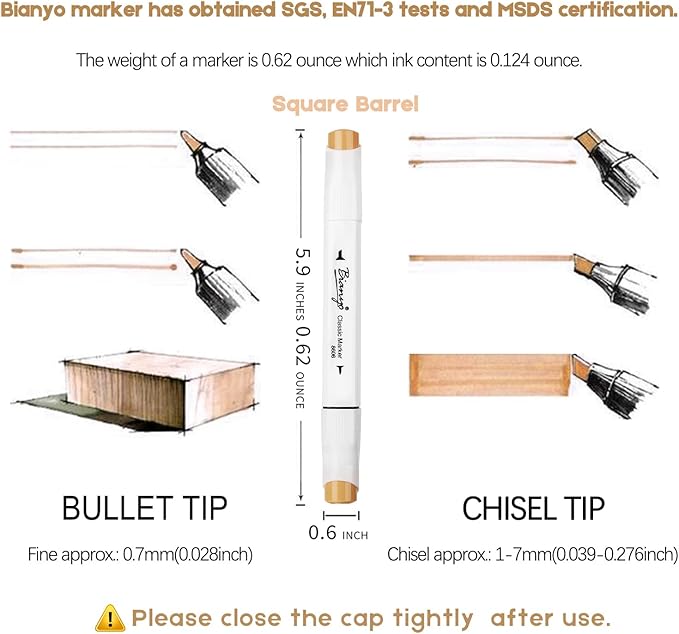 Bianyo 12 Skin Tone Alcohol Markers, Dual Tip Fine & Chisel Markers for Coloring, Portrait Drawing, Sketching, Shading & Illustration Art
