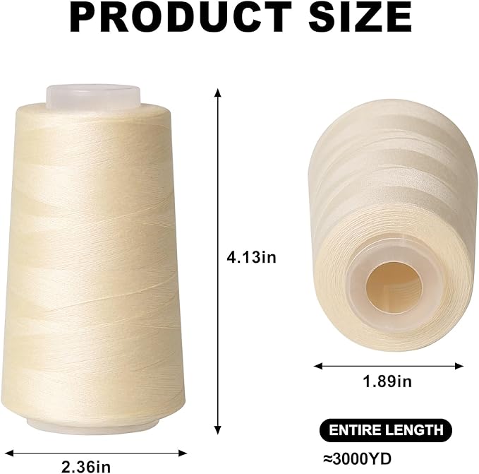 Sewing Thread Cone Set, 3 Pack Serger Thread, 3000 Yards Each, All Purpose Thread for Sewing, Quilting, Machines, Overlock, Merrow & Hand Embroidery (Beige*3)