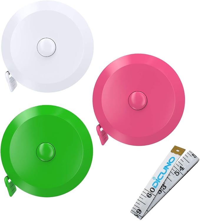 DiCUNO 60-Inch 1.5 Meter Soft and Retractable Tape Body Tailor Sewing Craft Cloth Dieting Measuring Tape (3 Colors, White Green Pink Package with Soft tape)