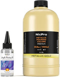 Nicpro Gold Metallic Acrylic Pour Paint, 33.8 Ounce Pre-Mixed Pouring Paint Supplies with Silicone Pour Oil & Gloves for Canvas, Rock, Wood Cell Creation Flow DIY Art Painting, Ready to Pour