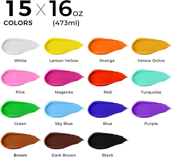 ARTME Acrylic Paint Set, 15 Unique Colors (16oz/473ml) Large Bulk Acrylic Paint Non Toxic, Waterproof, Rich Pigments Perfect for Artists, Students Painting on Canvas Stone Wood Fabric Ceramic Crafts