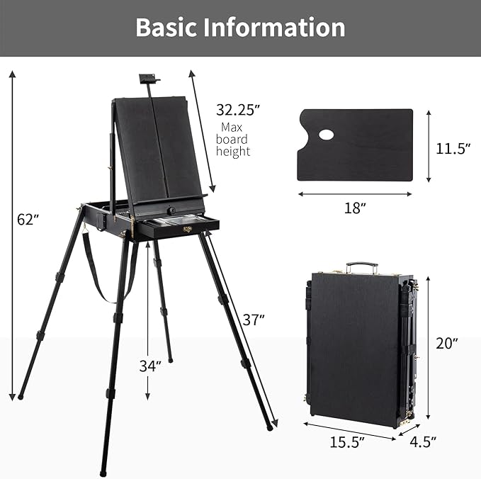 Falling in Art 4 Legs French Easel - Portable Plein Air Studio Easel Stand with Bigger Storage Drawer, Full Size Sketchbox Travel Easel for Painting, Drawing, Artwork Display