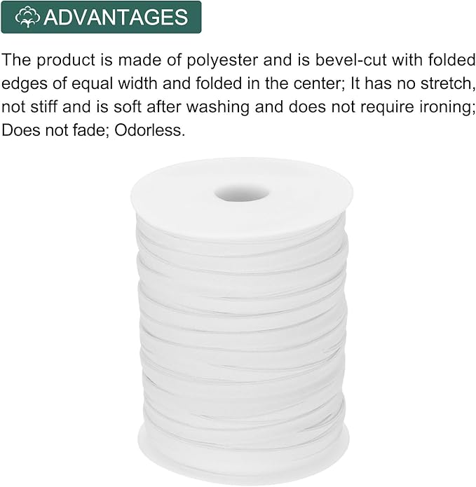 MECCANIXITY 1/4 Inch Double Fold Bias Tape Polyester Continuous Bulk Bias Tape for Sewing, Seaming Quilting Hemming Binding Crafts (White 100 Yards)