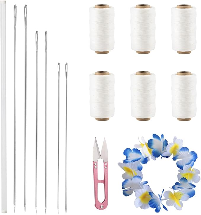 Lei Needle Kit, 6 Pcs Extra Long Sewing Needles 6 Rolls Lei Needle Twine 1 Needle Storage Tube 1 Sewing Scissors, Long Upholstery Needles for DIY Graduation Hawaiian Flower Lei Making(14", 12", 9.1")