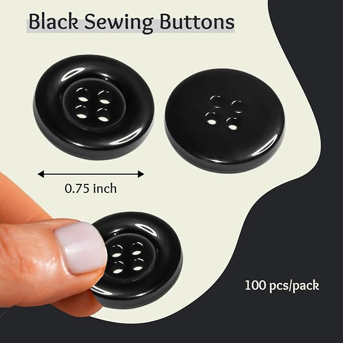 100 Pcs Black Sewing Buttons 3/4" (19 mm) Round Flat Glossy Buttons 4-Hole 30L Large Plastic Buttons Polished Uniform Bulk Buttons for Sewing Workwear School Chef Aprons Pants Jacket Bags Craft DIY