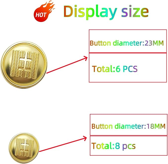 14 Pieces Gold Metal Blazer Button Set 18mm 23mm for Blazers, Suits, Sport Coats, Sewing, Uniform, Jackets (MBM44)
