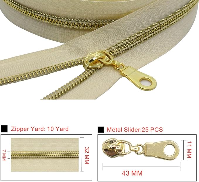 MebuZip #5 Gold Metallic Nylon Coil Zippers by The Yard Bulk Coil Zipper Roll 10 Yards with 25pcs Pulls for DIY Sewing Craft Bags (Beige)