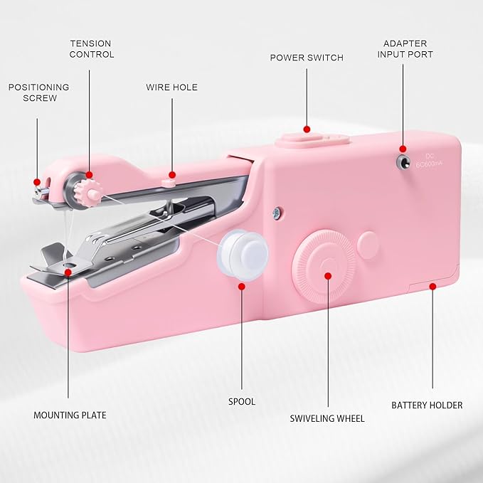 ALIBBON Handheld Sewing Machine for Beginners Portable Electric Mini Sewing Machine with Accessory Kit Small Hand Stitching Machine for DIY Clothes Home Travel Sewing Kit for Adults (Pink)