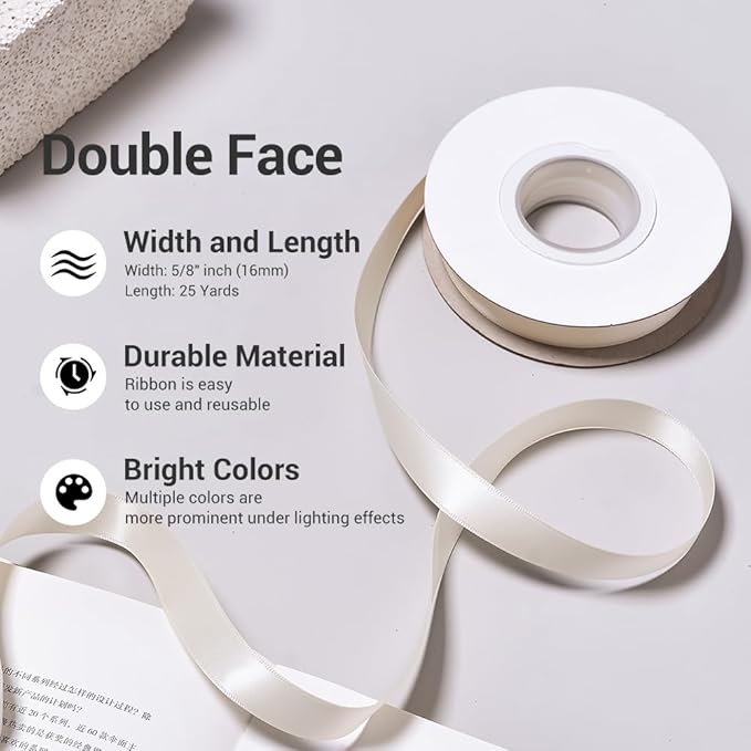YAMA Ivory Double Face Satin Ribbon 5/8 Inch 25 Yards Ivory Silk Ribbon for Gift Package Wrapping,Floral Design,Hair Bow Clip Making,Crafting,Sewing,Wedding Decor