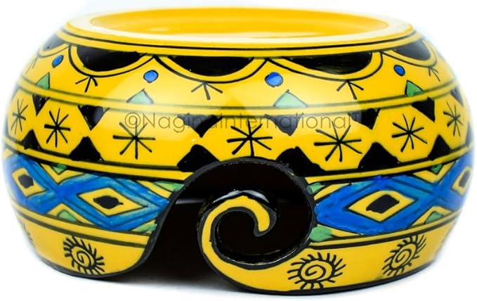 Nagina International Ceramic Attractively Hand Painted Gorgeous Stoneware Yarn Ball Storage Bowl With Innovative Dispensing Curl | Knitting & Crochet Accessions (Medium, Wild Aqua Yellow)