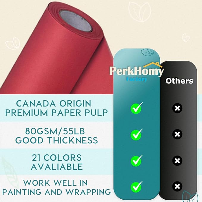 PerkHomy 36" x 1,440" (120') Red Kraft Paper Roll for Craft Bulletin Board Paper Art Table Covering Crafting Gift Wrapping Bouquet Packing Parcel 80GSM 55LB (Red, 36" x 120')