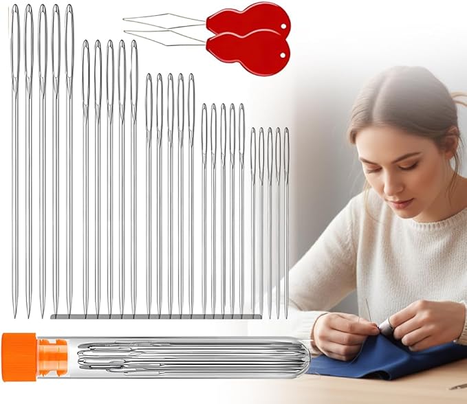 30 PCS Big Eye Steel Sewing Needles Kit, 7 Sizes Stainless Steel Needles for Hand Sewing, Embroidery Knitting Sewing Sharp Needles with Threader Sewing Supplies Sewing Tool Set (30 PCS)
