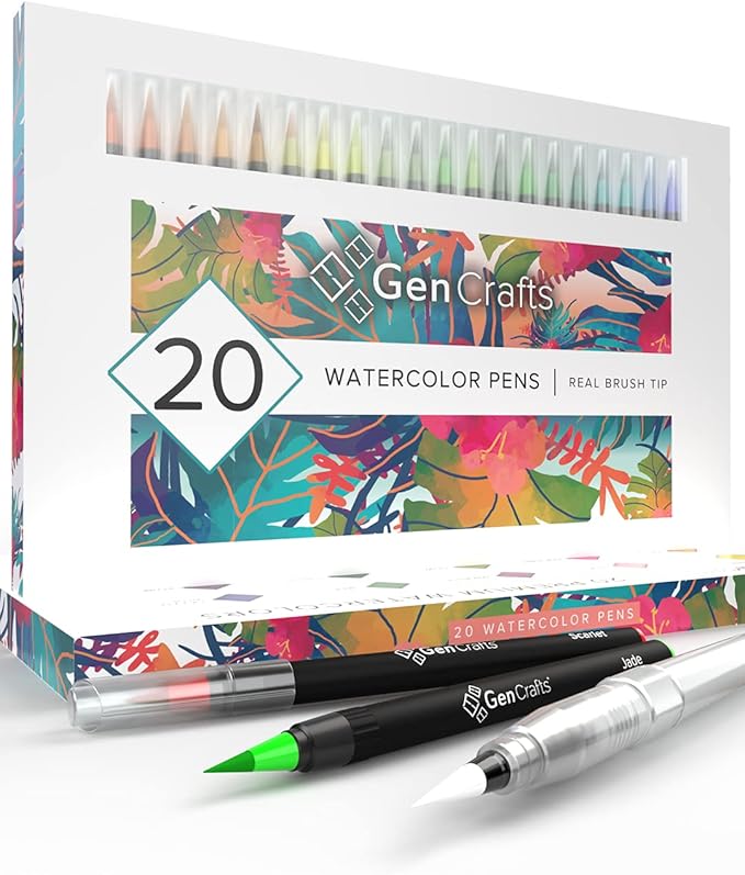 GenCrafts Watercolor Brush Pens - Real Brush Tips - No Mess Storage Case - Washable Nontoxic Markers - Portable Painting