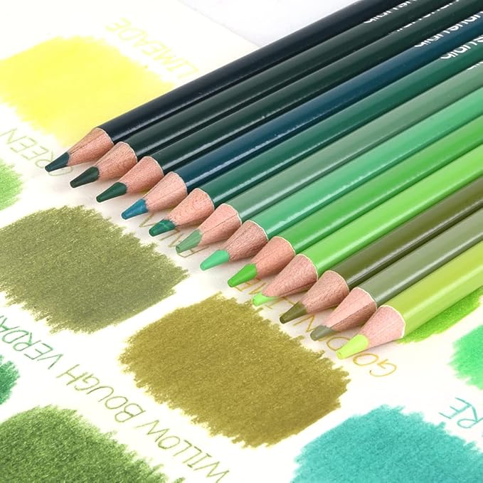Mifuner 12Pcs Green Colored Pencils Set, Oil Based Drawing Pencils, Pre-sharpened Wooden Professional Sketch Pencil Art Supplies for Adults, Coloring Books, No Duplicates
