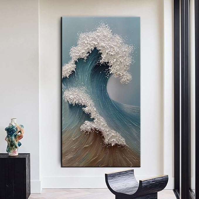 YaSheng Art 3D Ocean Wave Canvas Wall Art, Hand-Painted Textured Seascape, 24 x 48 inches