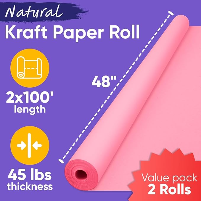 48" x 1200" (100 ft) Pink Kraft Paper Roll (Value Pack of 2), 45 lbs Thickness, Made in USA Colored Craft Paper for School, Bulletin Board - Odorless, Non-Toxic, Safe for Kids