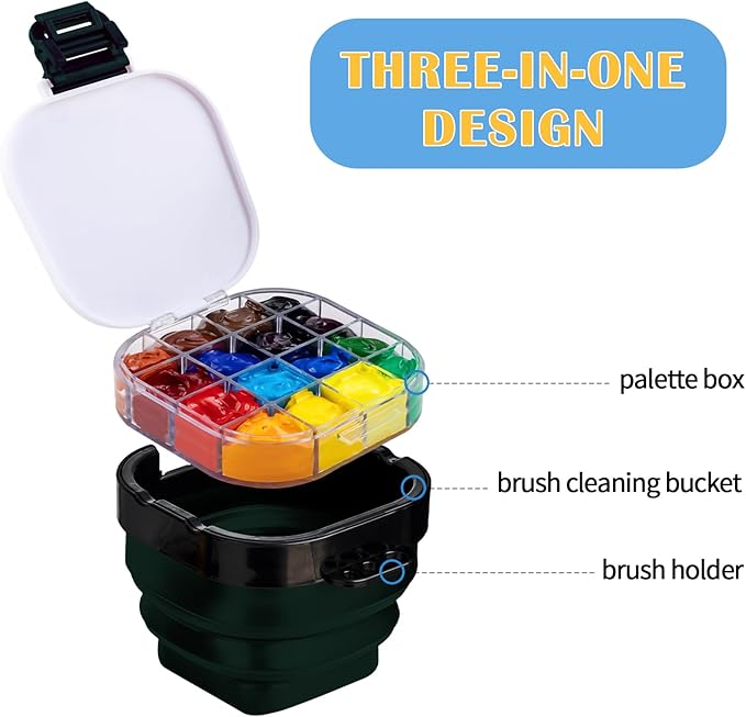 Falling in Art 16 Wells Paint Palette, Airtight Palette Storage Box with Lid and Folding Paint Brush Basin for Watercolor, Gouache and Acrylic Painting, Dark Green