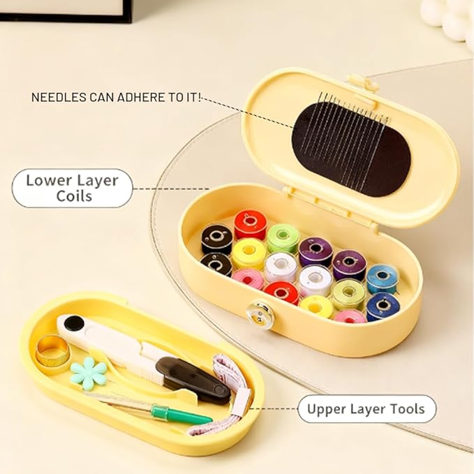 Portable Sewing Kit with 16 Color Thread Spools, Magnetic Needle Box, Scissors, Thimble, Complete Tools for Basic Repairs, Card Slot Design