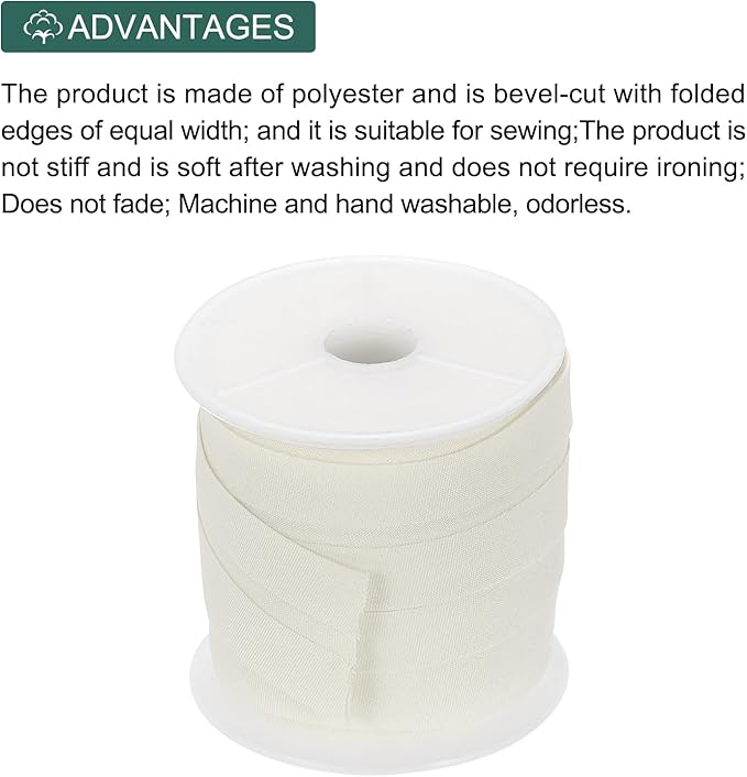 MECCANIXITY 1 Inch Single Fold Bias Tape Cotton Continuous Bulk Bias Tape for Sewing,Seaming Quilting Hemming Binding Crafts (Light White 10 Yards)