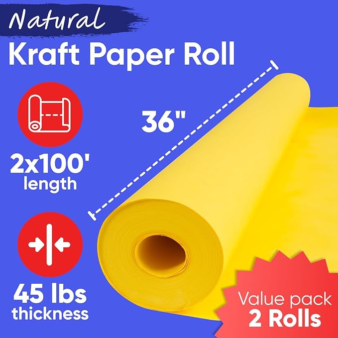 36" x 1200" (100 ft) Yellow Kraft Paper Roll (Value Pack of 2), 45 lbs Thickness, Made in USA Colored Kraft Paper for School, Bulletin Board - Odorless, Non-Toxic, Safe for Kids