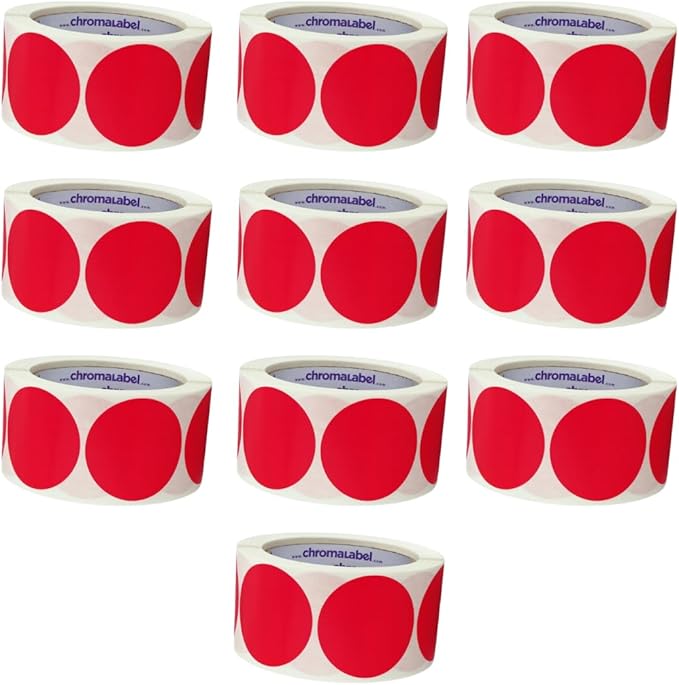ChromaLabel 2 Inch Round Circle Stickers, Permanent Adhesive Dots for Color Coding, Blank Circle Labels for Office and School, Red Dot Stickers - 500 Labels per Roll, Red - Case of 10