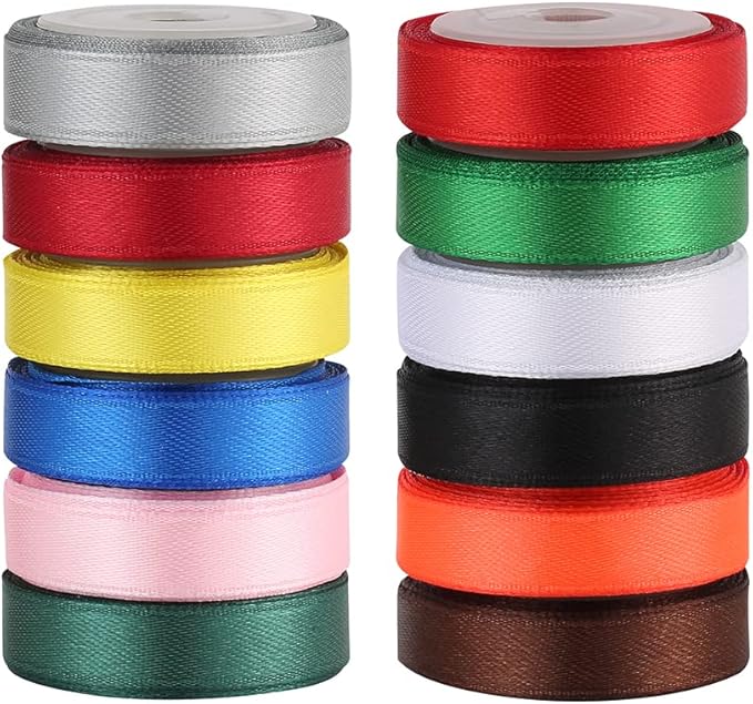 Solid Color Satin Ribbon 12 Colors 2/5" X 5 Yard Each Total 60 Yds, Ribbons Perfect for Crafts, Hair Bows, Gift Wrapping, Wedding Party Decoration and and More