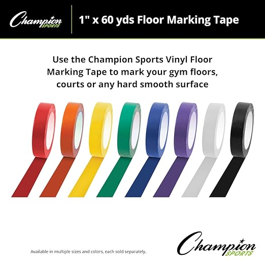 Champion Sports Vinyl Tape, 1” Wide x 60 Yards Long, Red - Durable Floor Marking Tape - Schools, Gyms, Restaurants