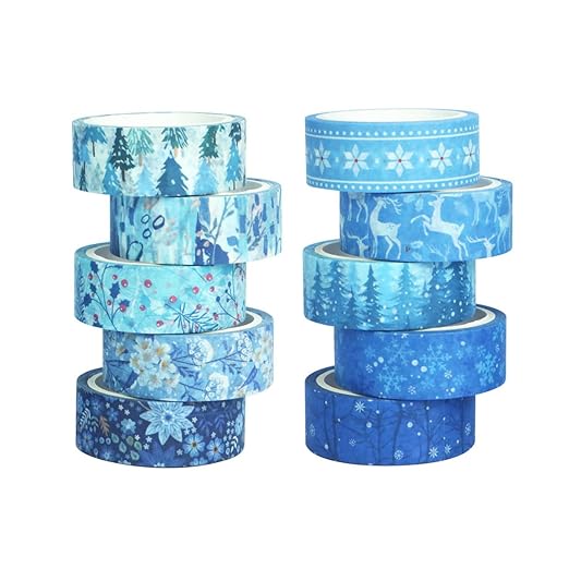 Winter Washi Tape Set 10 Rolls - Blue White Snowflake Flower Tree Decorative Tape for Bullet Journal, Planner, DIY Arts Crafts, Scrapbooking