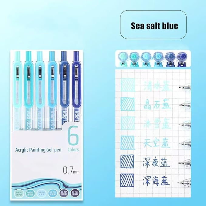 6 Colors Acrylic Gel Pens for Coloring, 0.7mm Fine Tip for Adult Coloring, Black Paper, Drawing, Journaling, Note Taking, Sea Salt Blue