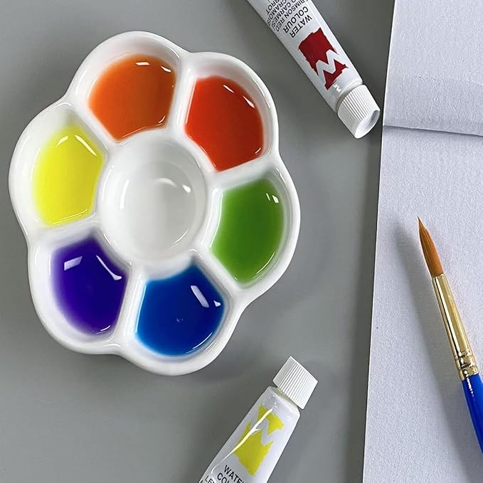 7 Wells Ceramic Paint Palette - Porcelain Watercolor Paint Palette Tray Mixing Flower Palette Tray for Watercolor Gouache Painting,Round,Arts & Crafts Accessories(4.5inch)