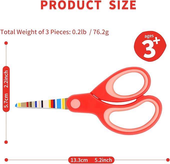 Left Handed Floral Kid Scissors, Blunt Tip Safety Children's Craft Scissors, Stainless Steel Blades, Soft Grips, for Use with Children 3 Years and Older, Pink, Blue, Red 3 Pair Pack
