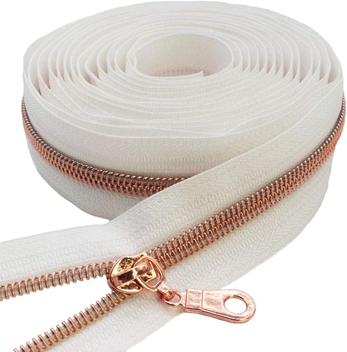 MebuZip #5 Rose Gold Metallic Nylon Coil Zippers by The Yard Bulk Coil Zipper Roll 10 Yards with 25pcs Pulls for DIY Sewing Craft Bags (White)