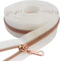 MebuZip #5 Rose Gold Metallic Nylon Coil Zippers by The Yard Bulk Coil Zipper Roll 10 Yards with 25pcs Pulls for DIY Sewing Craft Bags (White)