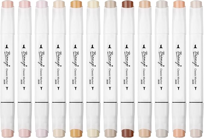 Bianyo 12 Skin Tone Alcohol Markers, Dual Tip Fine & Chisel Markers for Coloring, Portrait Drawing, Sketching, Shading & Illustration Art