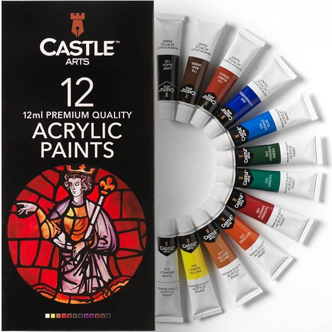 Castle Art Supplies 12 X 12ML Acrylic Paint Set | Value Beginner Set for Starters or Adult Artists | Quality Intense Colors | Smooth to Use on Range of Surfaces | in Neat Presentation Box