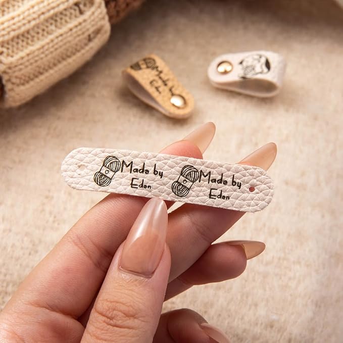 callie Personalized 10-100Pcs Leather Tags with Rivets - Custom Name & 22 Pattern, Made with Love Labels for Hats Beanies Scarves, Gifts for Knitting Sewing Crafting Lovers