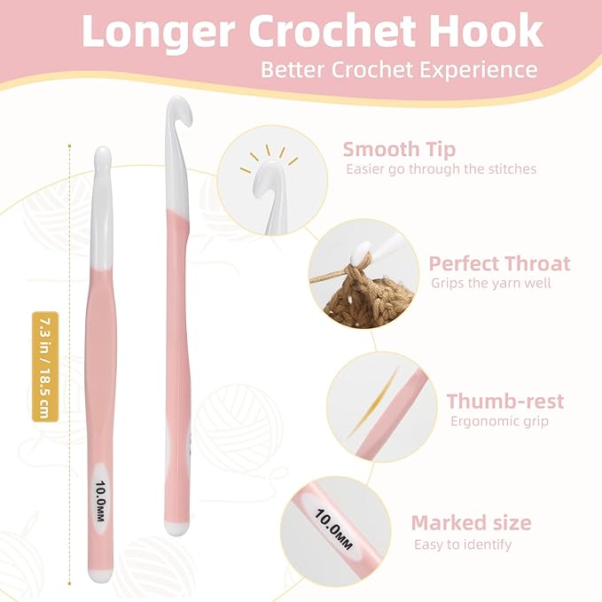 10mm Large Crochet Hook,Ergonomic Crochet Needle for Arthritic Hands, Extra Long Rubber Handle Crochet Hooks for Knitting Sweaters, Shawls and Carpets