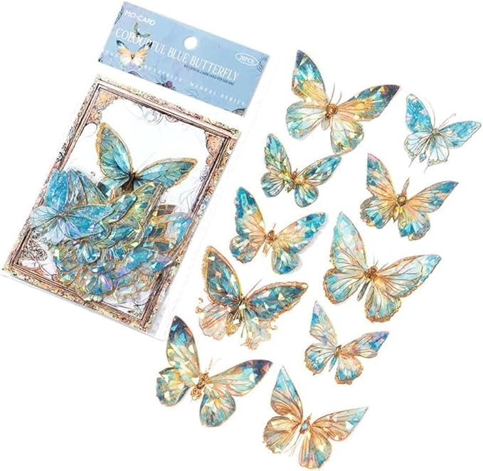 20Pcs/Bag Butterfly Stickers Set, Holographic Ice Crystals Resin Waterproof Stickers for Album Scrapbooking