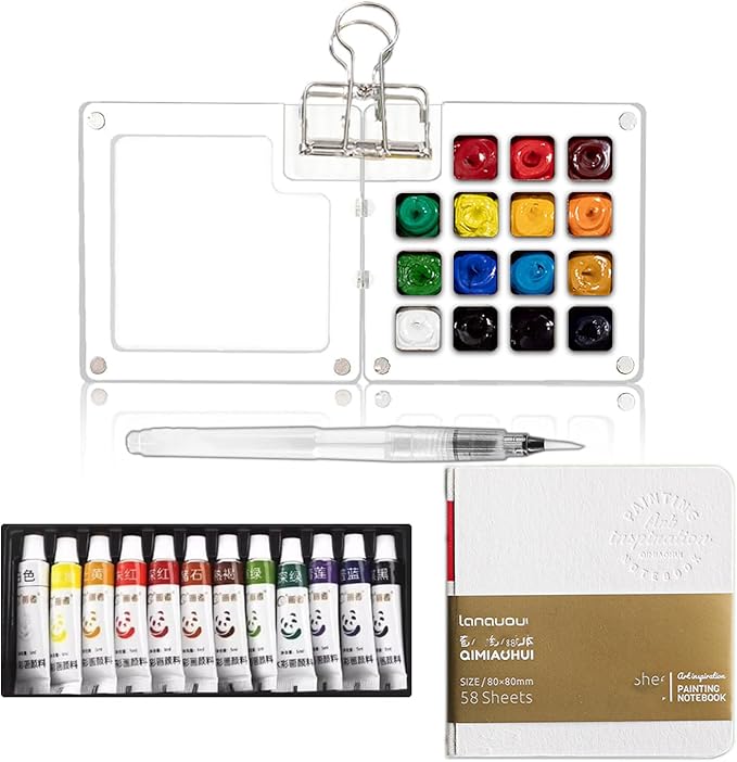 Mini Travel Watercolor Set Pocket Artist Watercolor Travel Set Grid Palette Box Sketch Book With Binder Clips Art Painting Kits For Painters Artists Students