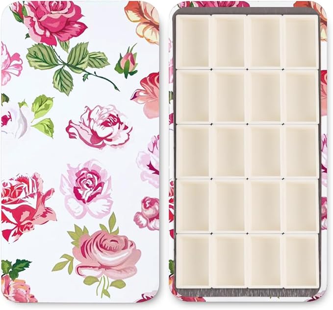 Portable Watercolor Paint Palette with Tins, Lightweight Empty Full Pans with Magnetic Squares, Metal Paint Tray Palettes for Travel, Acrylics Painting and Art, 20Full Pans,White Rose